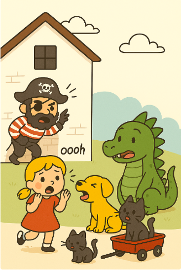 The pets and Belinda were playing when suddenly the puirate showed up.