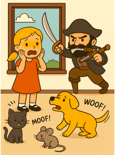 Suddenly a dangerous pirate climbed up the wall.