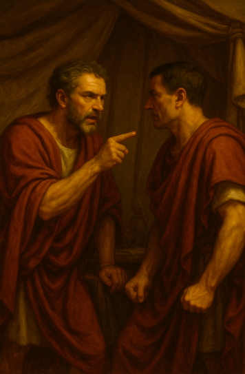 Brutus and Cassius in a heated argument at Sardis