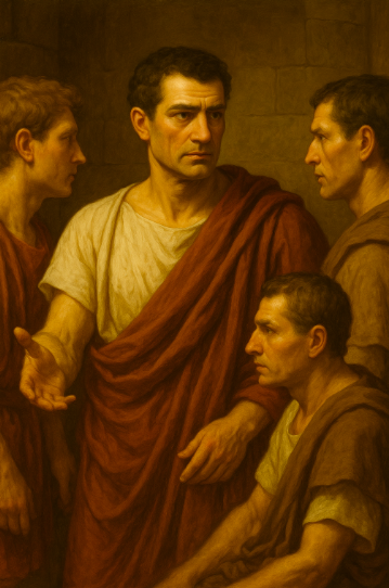 Brutus and Cassius having a conversation outside their military tent