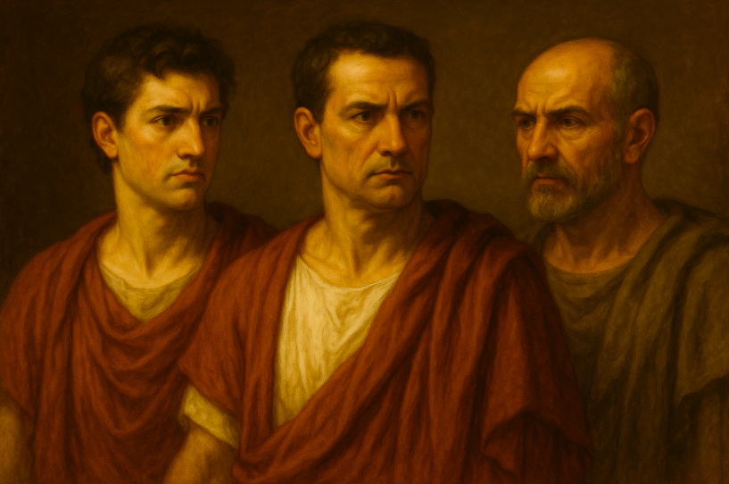 The ne trio against the conspirators- Octavius Caesar, who is Caesar’s adopted heir, Mark Antony, and Lepidus.