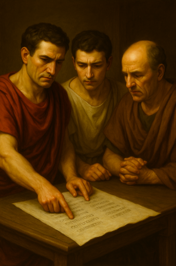 Antony, Octavius and Lepidus making a list of the names of the conspirators.