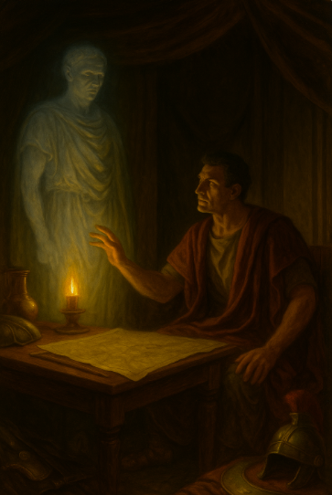 Ghost of Caesar haunting Brutus at the battlefield- Thou shalt see me at Philippi.