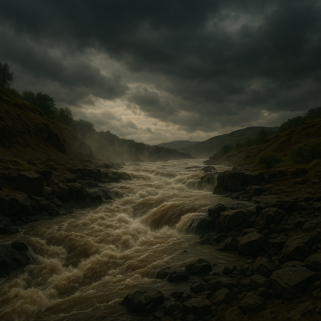 In the summer it cuts through the land
like a torrent of grief