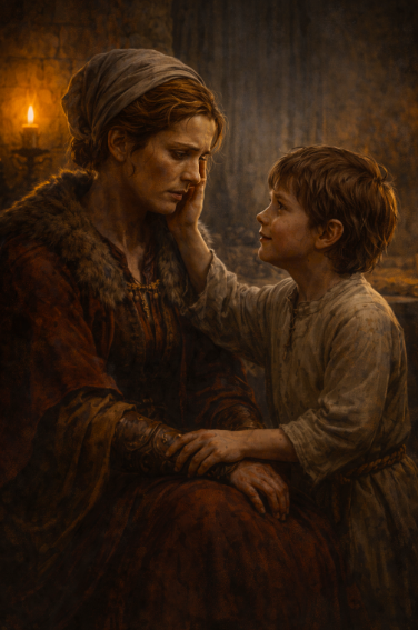 Lady Macduff having conversation with her son.