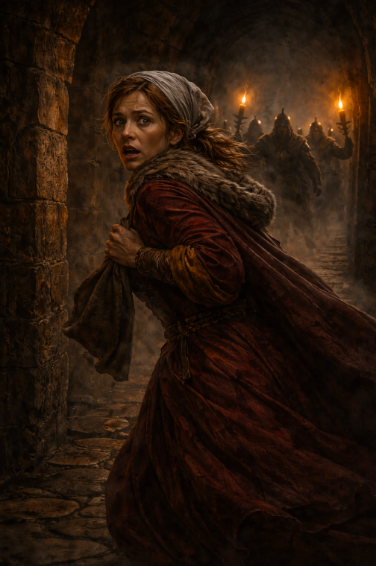 Lady Macduff runs away from the murderers