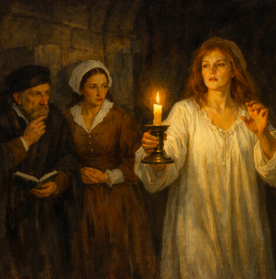 Lady Macbeth in her disturbed mental state.