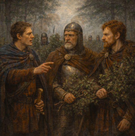 Malcolm, Siward, and Macduff give final instructions to their soldiers before the battle begins.