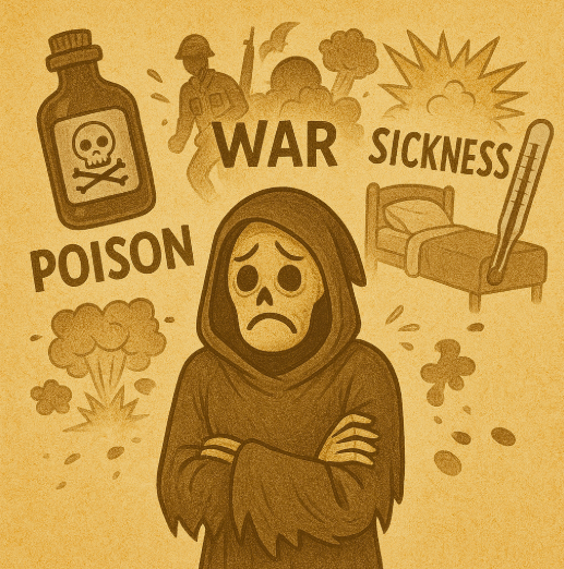 The speaker accuses Death of “Dwelling”, that is, living with Poison, War, andSickness.